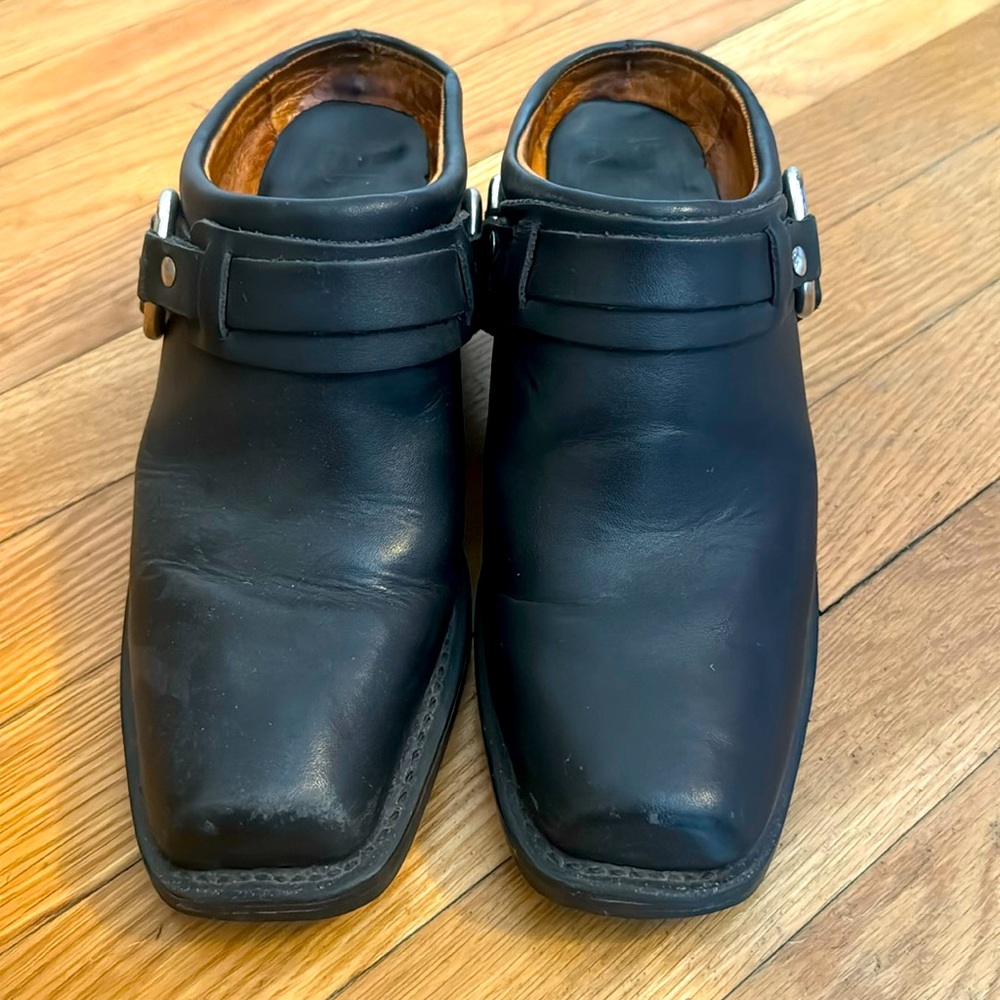 Frye harness moto mules/booties.